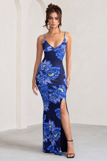 Farah Blue Floral Print Plunge Neck Maxi Dress With Split Detail